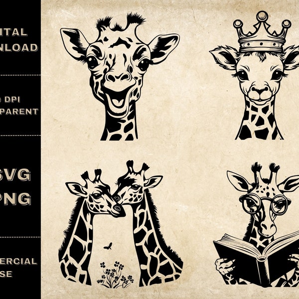 Giraffe SVG Bundle, PNG, Cute Giraffe Clipart, Hand Drawn Giraffe Lover Vector Illustration, SVG Files For Laser Engraving