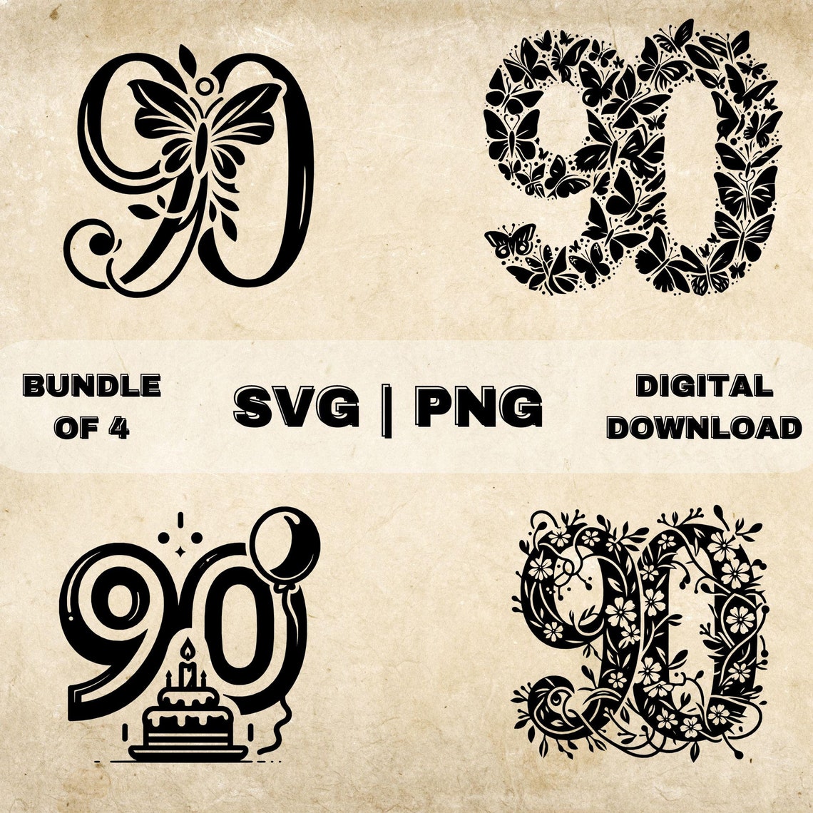 Number 90 SVG Bundle, 90th Birthday Clipart, Hand Drawn Ninety Themed ...