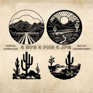Desert Scene SVG Bundle, PNG, Cactus Clipart, Handgetekende woestijnlandschap vectorillustratie, SVG-bestanden voor lasergravure