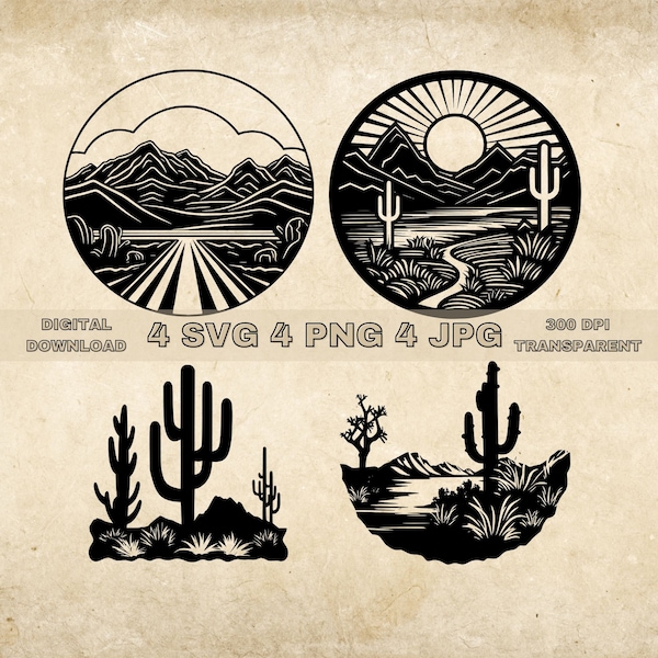 Desert Scene SVG Bundle, PNG, Cactus Clipart, Hand Drawn Desert Landscape Vector Illustration, SVG Files For Laser Engraving