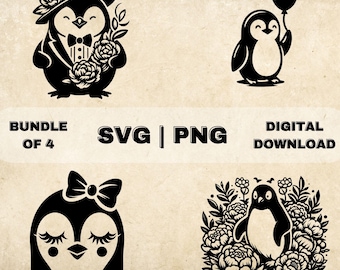 Penguin SVG Bundle, Cute Penguins Clipart, Hand Drawn Floral Animal Themed Vector Illustration, SVG Files For Laser Engraving & Craft