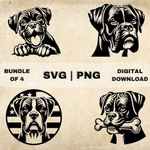 Puede incluir: Un paquete de descarga digital de cuatro ilustraciones en blanco y negro de un perro boxer. Las ilustraciones muestran al perro en diferentes poses, incluyendo mirando hacia arriba, asomándose por encima de una superficie y sosteniendo un hueso en la boca. Las ilustraciones están sobre un fondo marrón con el texto "Bundle of 4", "SVG | PNG", y "Digital Download".