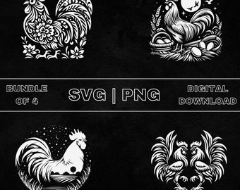 Pacote SVG de galo, clipart de galo, ilustração vetorial de tema de animal de fazenda desenhado à mão, arquivos PNG para gravação a laser e artesanato