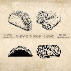 Taco SVG Bundle, PNG, Burrito Clipart, Hand Drawn Mexican Food Vector Illustration, SVG Files For Laser Engraving