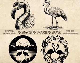 Flamingo SVG Bundle, PNG, Flamingo Clipart, Hand Drawn Flamingos Vector Illustration, SVG Files For Laser Engraving