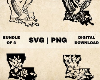 Louisiana State SVG Bundle, Louisiana Clipart, Hand Drawn Pelican, Magnolia Flower Art Theme Vector, PNG Files For Laser Engraving & Craft