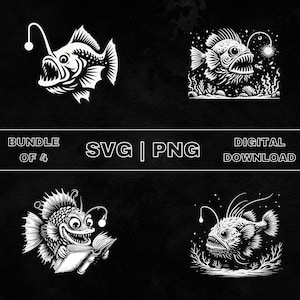 Puede incluir: Un paquete de cuatro ilustraciones digitales en blanco y negro de peces pescador. Los peces pescador se representan en varias poses, incluyendo nadar, leer un libro y mirar hacia arriba a un orbe brillante. Las ilustraciones son de estilo vintage y tienen un fondo texturizado.