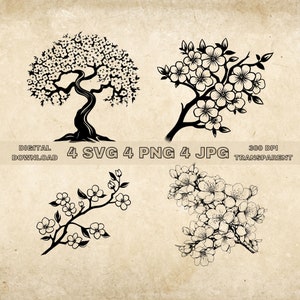 Kirschblüten SVG Bundle, PNG, Sakura Clipart, handgezeichnete Baum grafische Illustration, SVG-Dateien für die Lasergravur