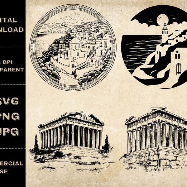 Greece SVG Bundle, PNG, Greek Clipart, Hand Drawn Santorini And Acropolis Vector Illustration, SVG Files For Laser Engraving