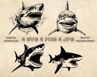 Shark SVG Bundle, PNG, Sea Animal Clipart, Hand Drawn Sharks Vector Illustration, SVG Files For Laser Engraving