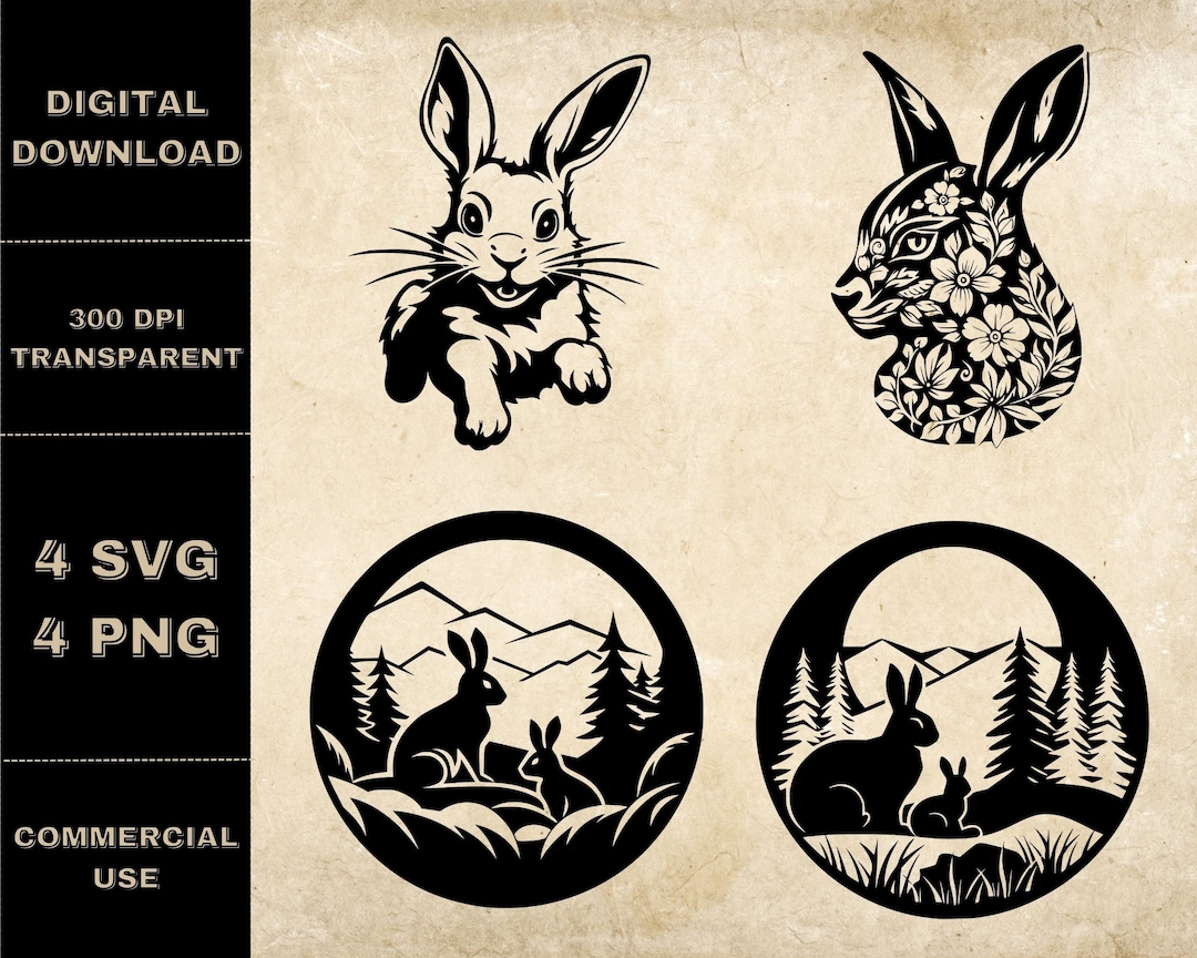 Floral Bunny SVG Bundle, PNG, Rabbit Head Clipart, Hand Drawn Bunnies ...