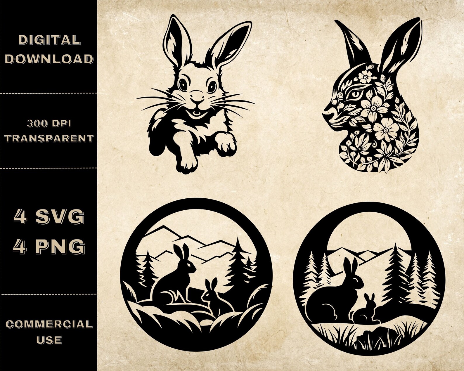 Floral Bunny SVG Bundle, PNG, Rabbit Head Clipart, Hand Drawn Bunnies ...