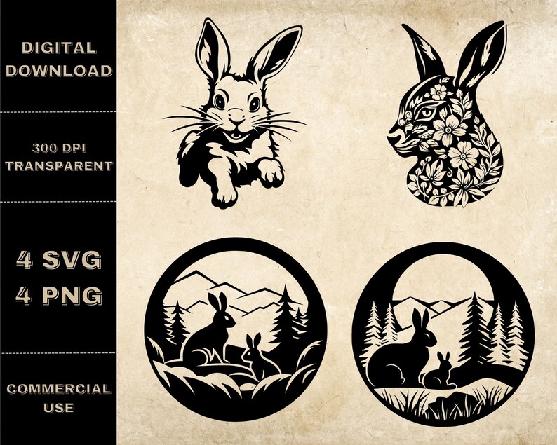 Floral Bunny SVG Bundle, PNG, Rabbit Head Clipart, Hand Drawn Bunnies ...