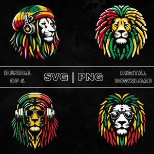 Pacote SVG de Leão Rasta, PNG, Clipart de Leão Rastafarian, Ilustração vetorial com tema de reggae desenhado à mão, Arquivos SVG para gravação a laser
