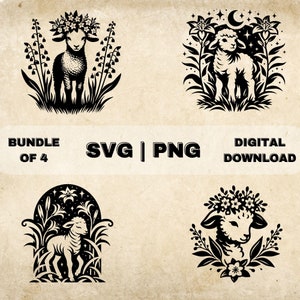 May include: A digital download bundle of four black and white lamb illustrations. Each lamb is surrounded by floral elements. The text "BUNDLE OF 4", "SVG | PNG", and "DIGITAL DOWNLOAD" is also included.