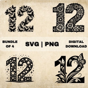 Nummer 12 SVG-bundel, 12e verjaardag clipart, hand getrokken twaalf thema vectorillustratie, SVG-bestanden voor lasergravure & ambacht