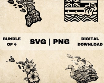 ハワイ SVG バンドル、ハワイの花のクリップアート、ハワイ州のハイビスカス、旗、鳥、木のテーマのベクター、レーザー彫刻と工芸用の PNG ファイル