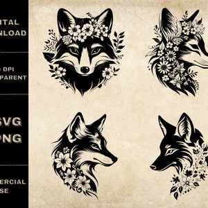 Floral Fox Face SVG Bundle, PNG, Fox Head Clipart, Hand Drawn Foxes And Flowers Vector Illustration, SVG Files For Laser Engraving