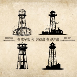 Water Tower SVG Bundle, PNG, Water Tower Clipart, Hand Drawn Water Tower Vector Illustration, SVG Files For Laser Engraving