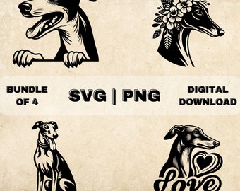 Puede incluir: Un paquete de cuatro ilustraciones digitales en blanco y negro de un galgo. Las ilustraciones incluyen un galgo mirando por encima de un cartel, un galgo con una corona de flores, un galgo sentado y un galgo con un corazón y la palabra "love".