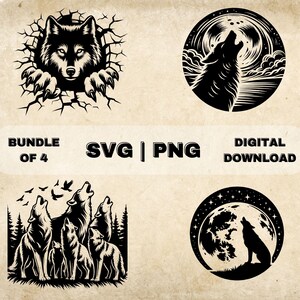 May include: A digital download bundle of four black and white wolf illustrations. The illustrations feature wolves howling at the moon, a wolf breaking through a wall, and a group of wolves howling in a forest.