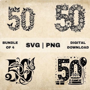 数字 50 SVG バンドル、50 歳の誕生日のクリップアート、手描きの 50 をテーマにしたベクター イラスト、レーザー彫刻とクラフト用の SVG ファイル