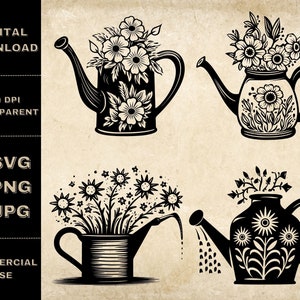Arrosoir floral peut SVG Bundle, PNG, jardin Clipart, arrosoir dessiné à la main avec fleurs Vector Illustration, fichiers SVG pour la gravure au Laser