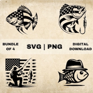 Fish With Flag SVG Bundle, Fishing Clipart, Hand Drawn Fisherman Theme Vector Illustration, SVG Files For Laser Engraving & Craft