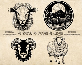 Paquete SVG de ovejas, PNG, imágenes prediseñadas de ovejas, ilustración de vectores de animales de granja dibujados a mano, archivos SVG para grabado láser