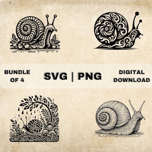 Op de afbeelding: Een set van vier zwart-witte slakkenillustraties. De slakken zijn in verschillende poses en hebben ingewikkelde details. De illustraties zijn perfect voor gebruik in ambachten, scrapbooking of digitaal ontwerp.