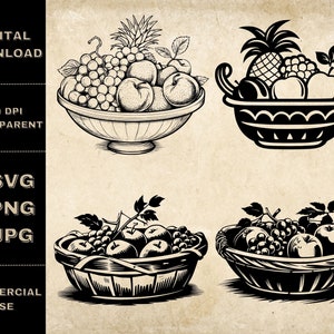 Fruit SVG Bundle, PNG, Fruit Basket Clipart, Illustration vectorielle de bol de fruits dessinés à la main, Fichiers SVG pour la gravure au laser