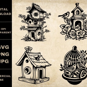May include: Four black and white illustrations of birdhouses. The first birdhouse is a tall, multi-level structure with a bird perched on the roof. The second birdhouse is a simple, single-level structure with a bird perched on the roof. The third birdhouse is a simple, single-level structure with a bird perched on the roof. The fourth birdhouse is a cage with two birds inside.