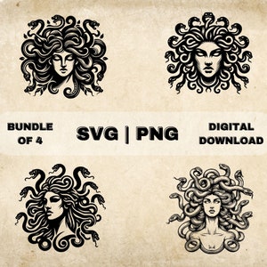 Medusa SVG Bundle, Greek Goddess Clipart, Hand Drawn Ancient Greek Mythology Theme Vector Illustration, PNG Files For Laser Engraving, Craft