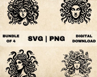 Medusa SVG Bundle, Greek Goddess Clipart, Hand Drawn Ancient Greek Mythology Theme Vector Illustration, PNG Files For Laser Engraving, Craft