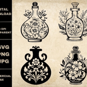 Floral Potion Bottle SVG Bundle, PNG, Potion Flower Clipart, Hand Drawn Witchcraft Vector Illustration, SVG Files For Laser Engraving