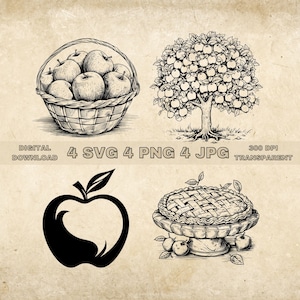 Apple SVG-bundel, PNG, appels clipart, handgetekende appelboom en taart vectorillustratie, SVG-bestanden voor lasergravure