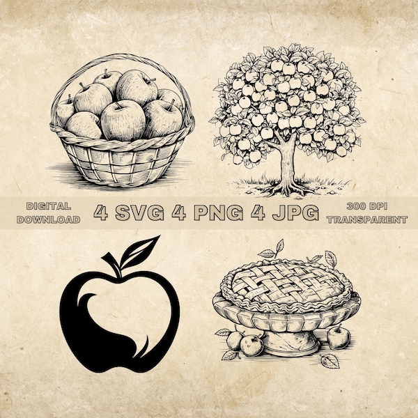 Apple SVG Bundle, PNG, Apples Clipart, Hand Drawn Apple Tree And Pie Vector Illustration, SVG Files For Laser Engraving