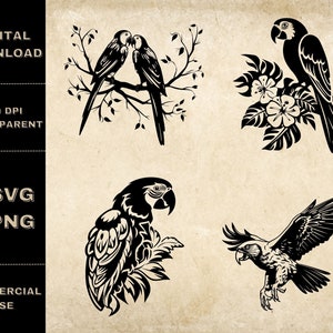 May include: Four black and white silhouette illustrations of parrots. One image shows two parrots perched on a branch. Another image shows a parrot perched on a branch with flowers. The third image shows a parrot perched on a branch with leaves. The fourth image shows a parrot in flight.