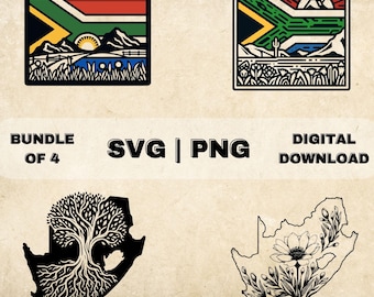 Bundle in formato SVG di mappa del Sudafrica, clipart sudafricano, bandiera del Sudafrica, radici, viaggi, vettore a tema, file PNG per incisione laser e artigianato