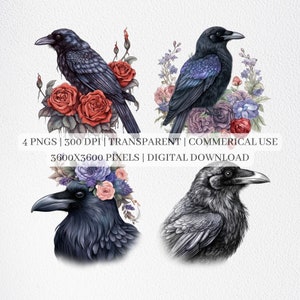 Floral Raven Clipart, Watercolor Ravens PNG Files, Raven Clip Art, Birds And Flowers Decor, Printable Wall Art, Sublimation Commercial Use
