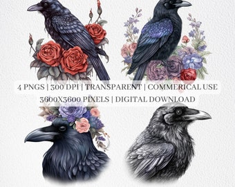 Floral Raven Clipart, Watercolor Ravens PNG Files, Raven Clip Art, Birds And Flowers Decor, Printable Wall Art, Sublimation Commercial Use