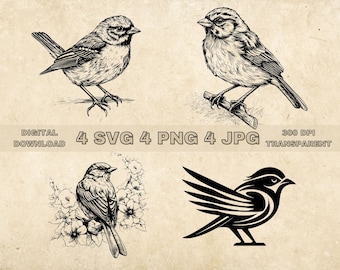 Sparrow SVG Bundle, PNG, Cute Birds Clipart, Hand Drawn Sparrows Vector Illustration, SVG Files For Laser Engraving