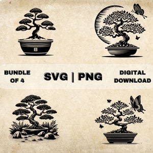 Bonsai Tree SVG Bundle, Bonsai Tree Clipart, Hand Drawn Bonsai Theme Vector Illustration, SVG Files For Laser Engraving & Craft