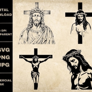 Jesus Cross SVG Bundle, PNG, Christian Clipart, Hand Drawn Jesus Crucifix Vector Illustration, SVG Files For Laser Engraving
