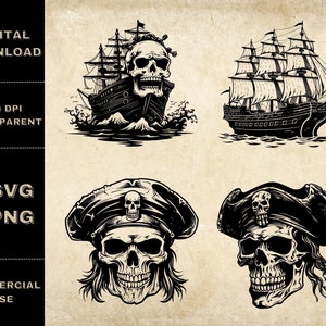 Piratenschiff SVG Bundle, PNG, Schädel Piraten Clipart, handgezeichnete Piraten Vektor Illustration, SVG-Dateien für die Lasergravur
