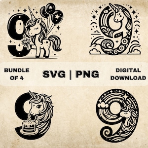 Licorne 9e anniversaire SVG Bundle, neuvième anniversaire Clipart, illustration vectorielle sur le thème de la fille dessinée à la main, fichiers SVG pour la gravure laser et l’artisanat