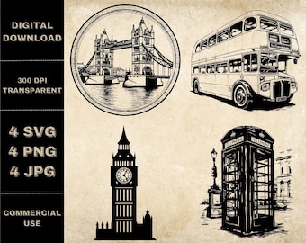 London SVG Bundle, PNG, London Clipart, Hand Drawn London Tower Bridge Vector Illustration, SVG Files For Laser Engraving