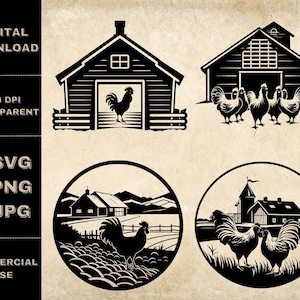 Poulet Farm SVG Bundle, PNG, Farm Animals Clipart, Illustration vectorielle de poulet dessiné à la main, Fichiers SVG pour la gravure au laser