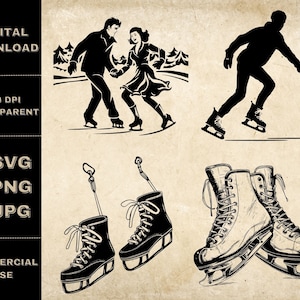 Ice Skating SVG Bundle, PNG, Ice Skates Clipart, Hand Drawn Ice Skating Vector Illustration, SVG Files For Laser Engraving