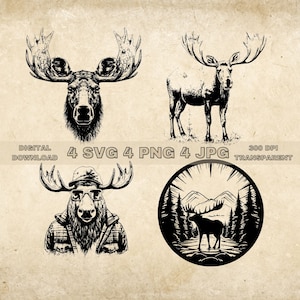 Moose SVG Bundle, PNG, Moose Clipart, Hand Drawn Moose Vector Illustration, SVG Files For Laser Engraving